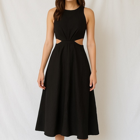 Banana Republic Black Lina Cutout Midi Dress Linen Size 10 - Picture 1 of 16